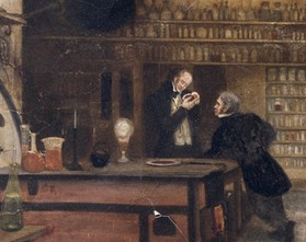 Michael Faraday en el laboratorio que tenía instalado en el sótano de la Royal Institution. Acuarela realizada por la pintora Harriet J. Moore en 1852. Cortesía de The Royal Institution (London, UK). Reproducida de Ref. [36]